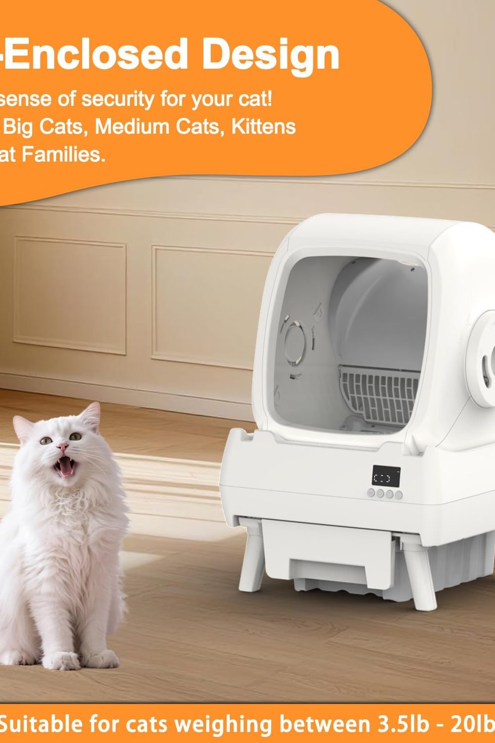 Automatic Cat Litter Box Self Cleaning - App Control, Cat Toilet Records, Suitable Big Cats, Medium Cats, Kittens and Multi-Cat Families, Anti-Pinch, Low NoiseAssembly Required- White side angle and details - Automatic Cat Litter Box Self Cleaning - App Control, Cat Toilet Records, Suitable Big Cats, Medium Cats, Kittens and Multi-Cat Families, Anti-Pinch, Low NoiseAssembly Required- White