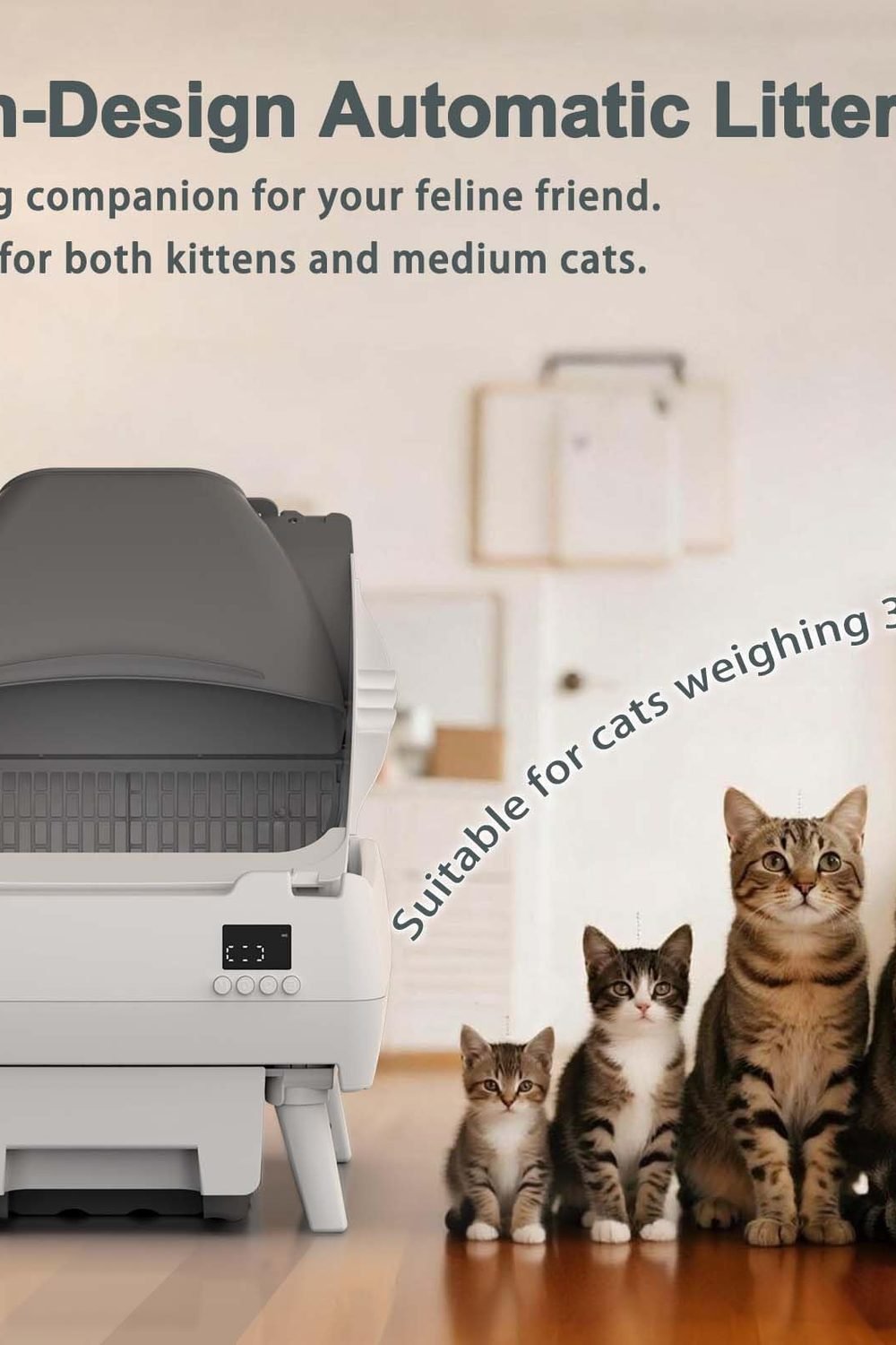 Automatic Cat Litter Box Self Cleaning - App Control, Open-Design, Smart Health Monitor, Suitable Medium Cats and Kittens, Anti-Pinch Safety, Quiet Operation - White side angle and details - Automatic Cat Litter Box Self Cleaning - App Control, Open-Design, Smart Health Monitor, Suitable Medium Cats and Kittens, Anti-Pinch Safety, Quiet Operation - White
