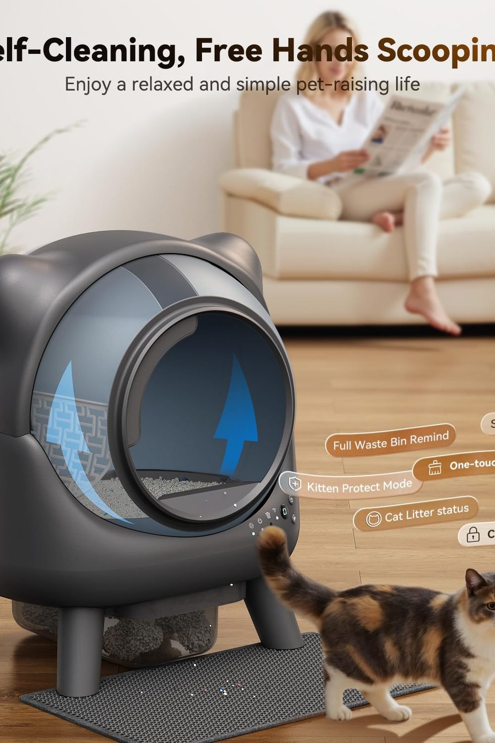 Automatic Litter Box, FEELNEEDY Self Cleaning Litter Box, Odor Control Robot, Cat Ears Design, 65L APP Real-Time Monitor, Cat Litter-Boxs Multiple Cats, Safety Sensors, with 1 Trash Bag side angle and details - Automatic Litter Box, FEELNEEDY Self Cleaning Litter Box, Odor Control Robot, Cat Ears Design, 65L APP Real-Time Monitor, Cat Litter-Boxs Multiple Cats, Safety Sensors, with 1 Trash Bag