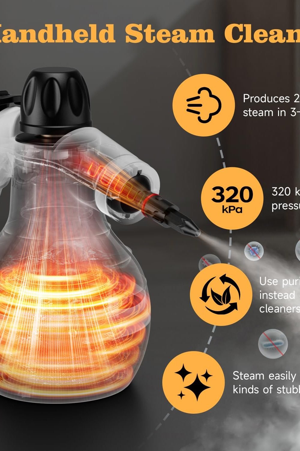TICYACK Handheld Steam Cleaner with 16 Accessories & Safety Lock, White side angle and details - TICYACK Handheld Steam Cleaner with 16 Accessories & Safety Lock, White