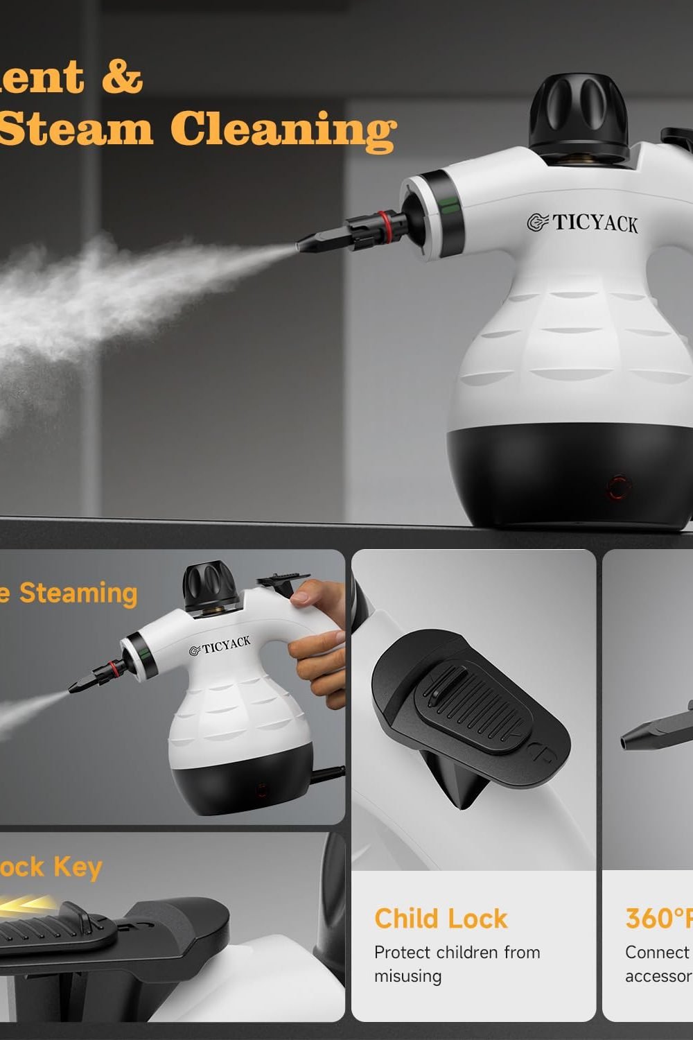 TICYACK Handheld Steam Cleaner with 16 Accessories & Safety Lock, White accessories and refills - TICYACK Handheld Steam Cleaner with 16 Accessories & Safety Lock, White