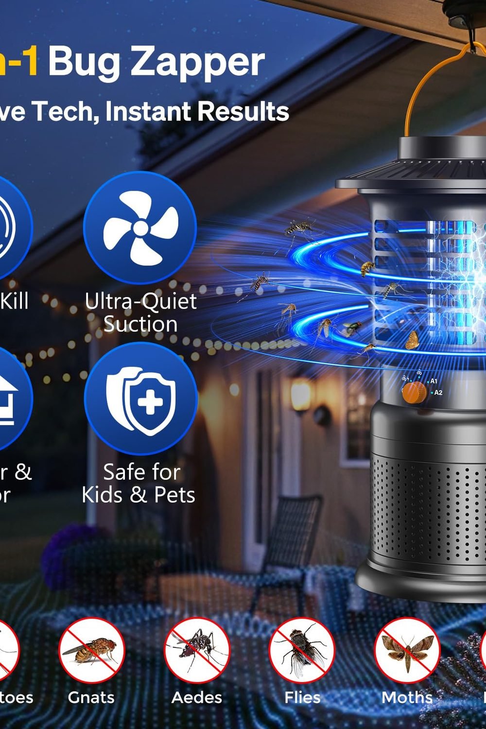 Mosquito Trap, 10000mAh Rechargeable Bug Zapper Indoor & Outdoor, Cordless Fly Trap with 2-in-1 Suction & Electric Grid, Auto Light Sensor, IPX5 Waterproof Patio, Garden & Camping side angle and details — Mosquito Trap, 10000mAh Rechargeable Bug Zapper Indoor & Outdoor, Cordless Fly Trap with 2-in-1 Suction & Electric Grid, Auto Light Sensor, IPX5 Waterproof Patio, Garden & Camping