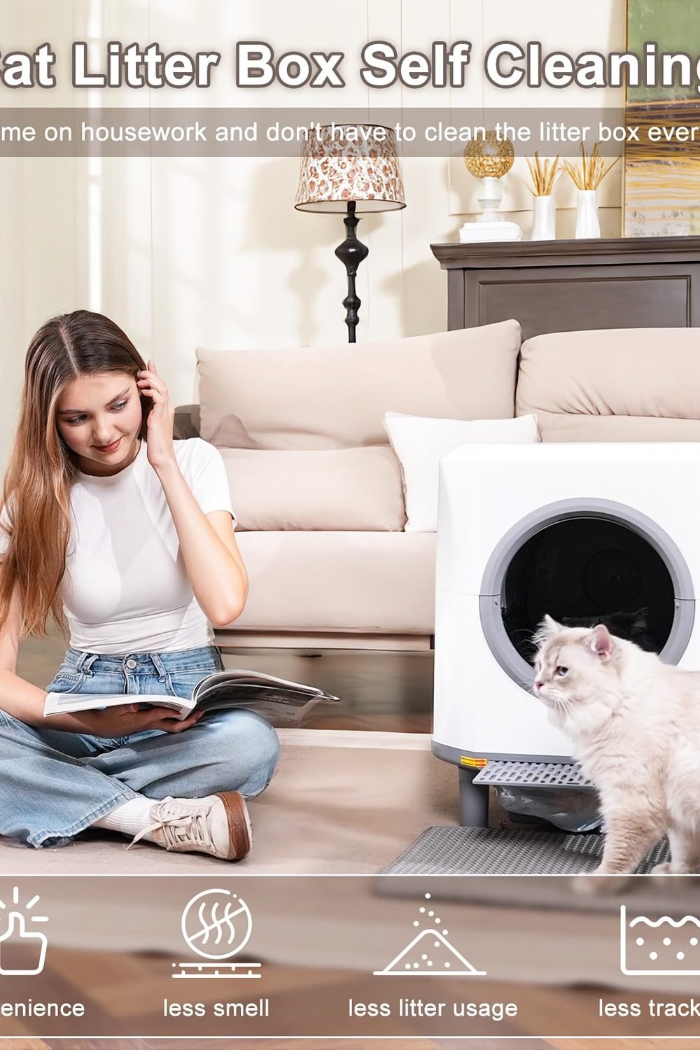 Automatic Litter Box, Self Cleaning Litter Box, Odor Control, 90L Capacity side angle and details - Automatic Litter Box, Self Cleaning Litter Box, Odor Control, 90L Capacity