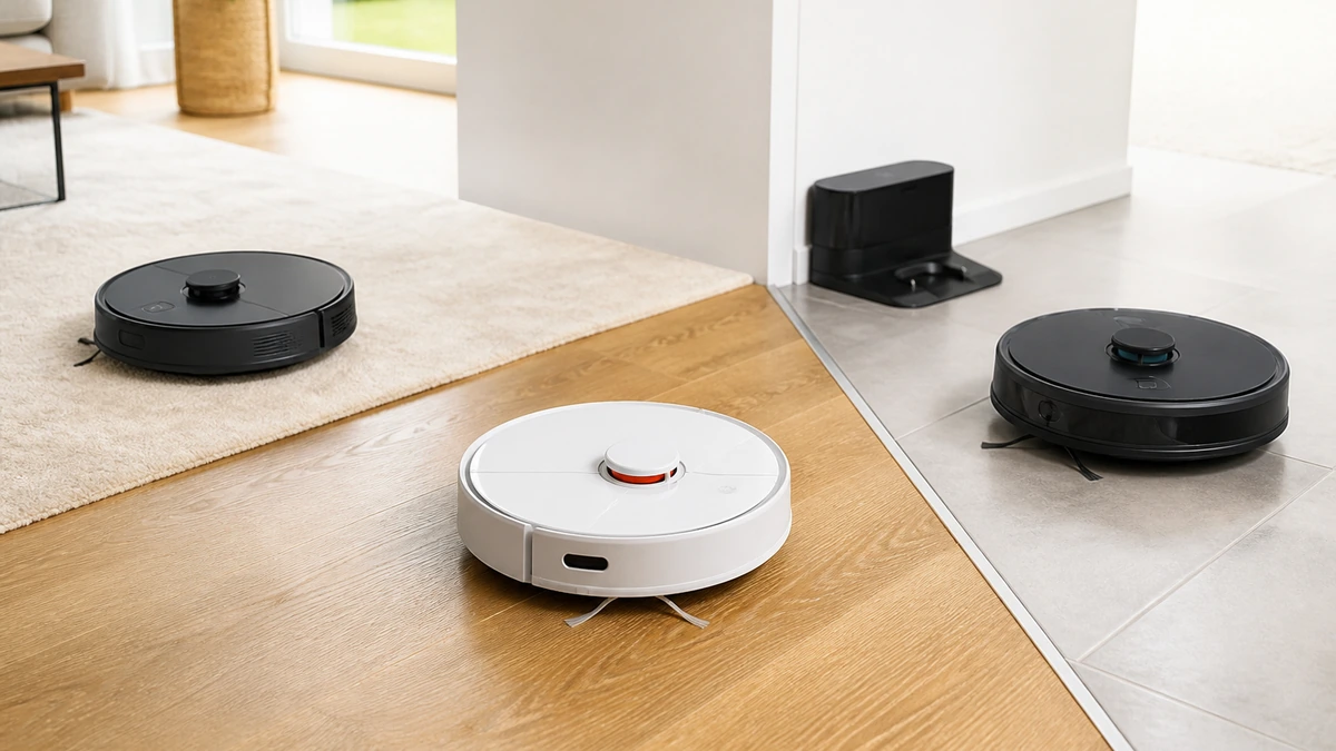 Best Robot Vacuum 2026: 3 Product Comparison 5 Three robot vacuums shown across wood, rug and tile floors