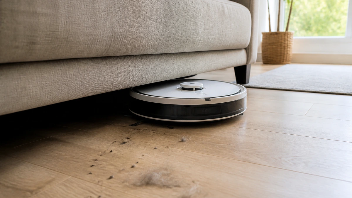 Robot Vacuum Trend 2026: What US Buyers Need to Know 3 Robot vacuum cleaning beneath a sofa around everyday floor debris
