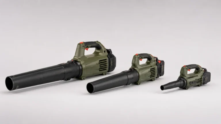 Three cordless leaf blowers of different sizes lined up side by side for comparison