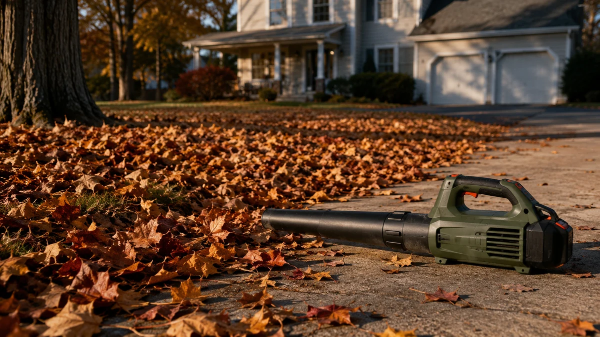 Fallen autumn leaves covering a suburban driveway with a cordless leaf blower resting nearby