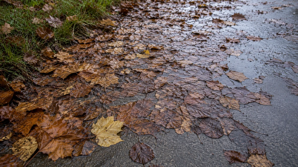 Wet rain-soaked leaves matted flat against a damp concrete driveway on an overcast autumn morning