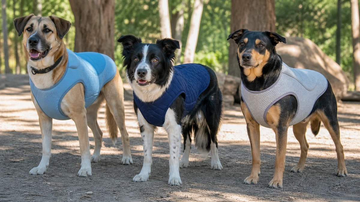 Three dogs wearing different cooling vest formats