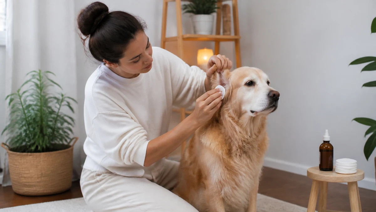 Real-world dog ear cleaning solution setup in an outdoor living space