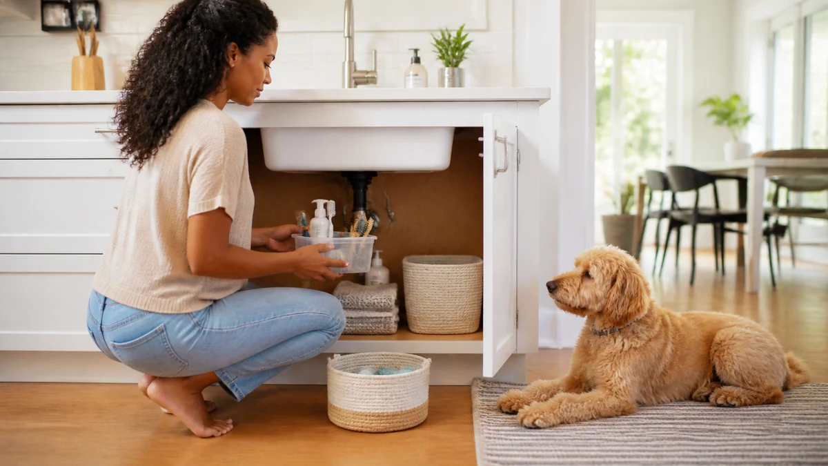 Real-world dog teeth cleaning products setup in an outdoor living space
