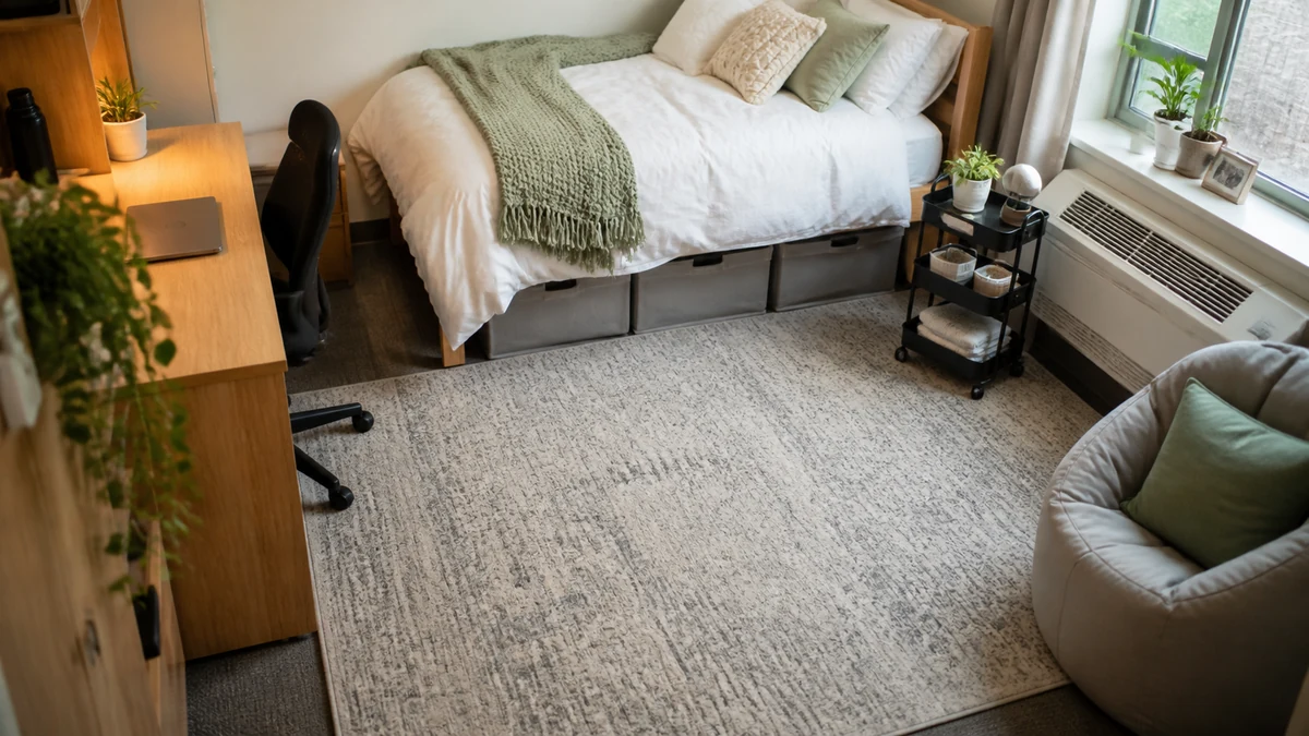 Real-world dorm room rug setup in an outdoor living space