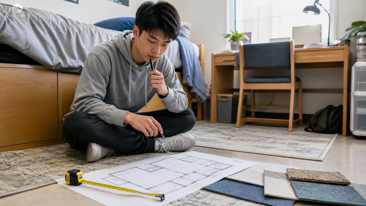 Buyer planning and fit for dorm room rug