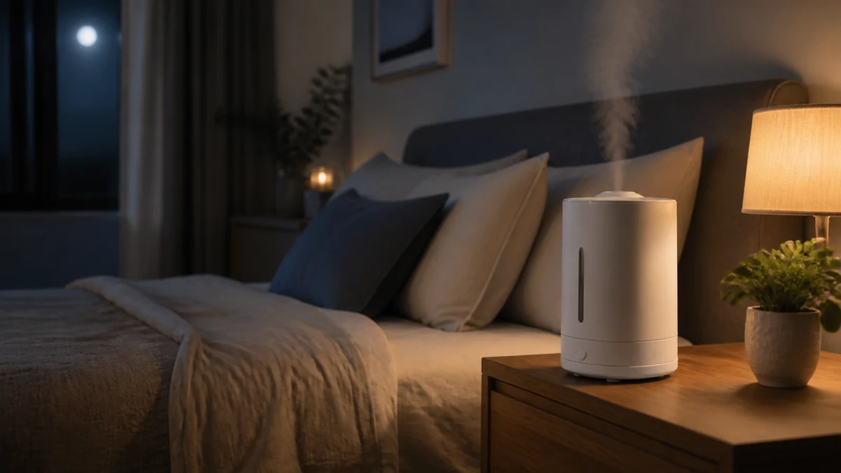 Humidifier For Bedroom Trend 2026: What US Buyers Need to Know 3 Humidifier running beside a bed in a quiet bedroom