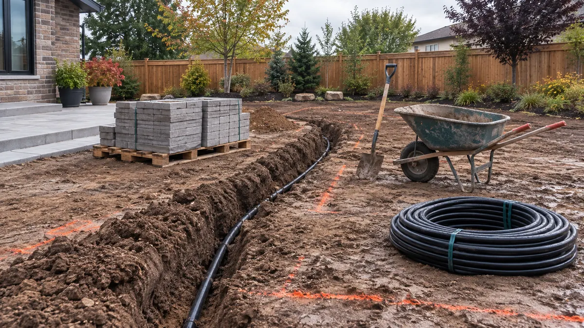 A backyard mid-renovation with an open irrigation trench, marker paint lines, a pallet of paving stones, a wheelbarrow and coiled black pipe