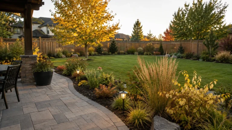 A finished backyard patio of grey paving slabs bordered by ornamental grasses and low shrubs in autumn light