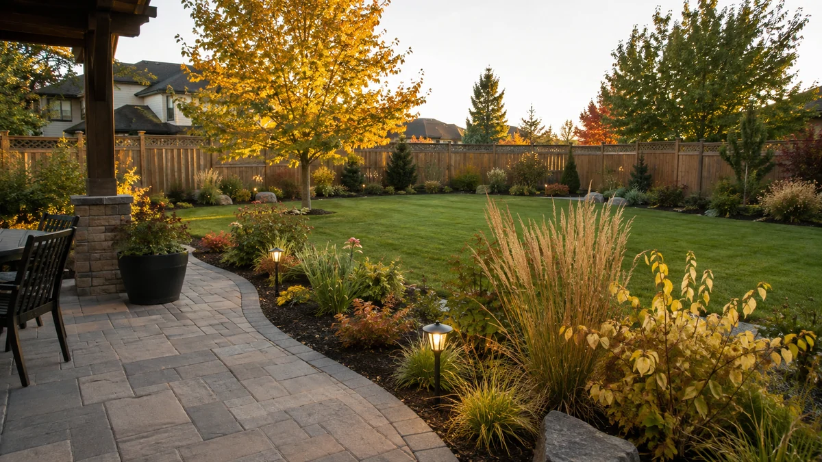 A finished backyard patio of grey paving slabs bordered by ornamental grasses and low shrubs in autumn light