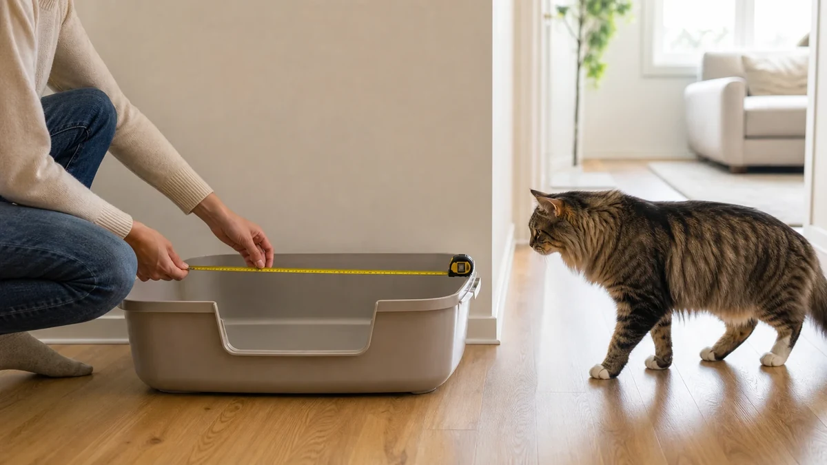 Large Cat Litter Box Trend 2026: What Owners Need to Know 3 Person measuring a roomy litter box while a large cat approaches