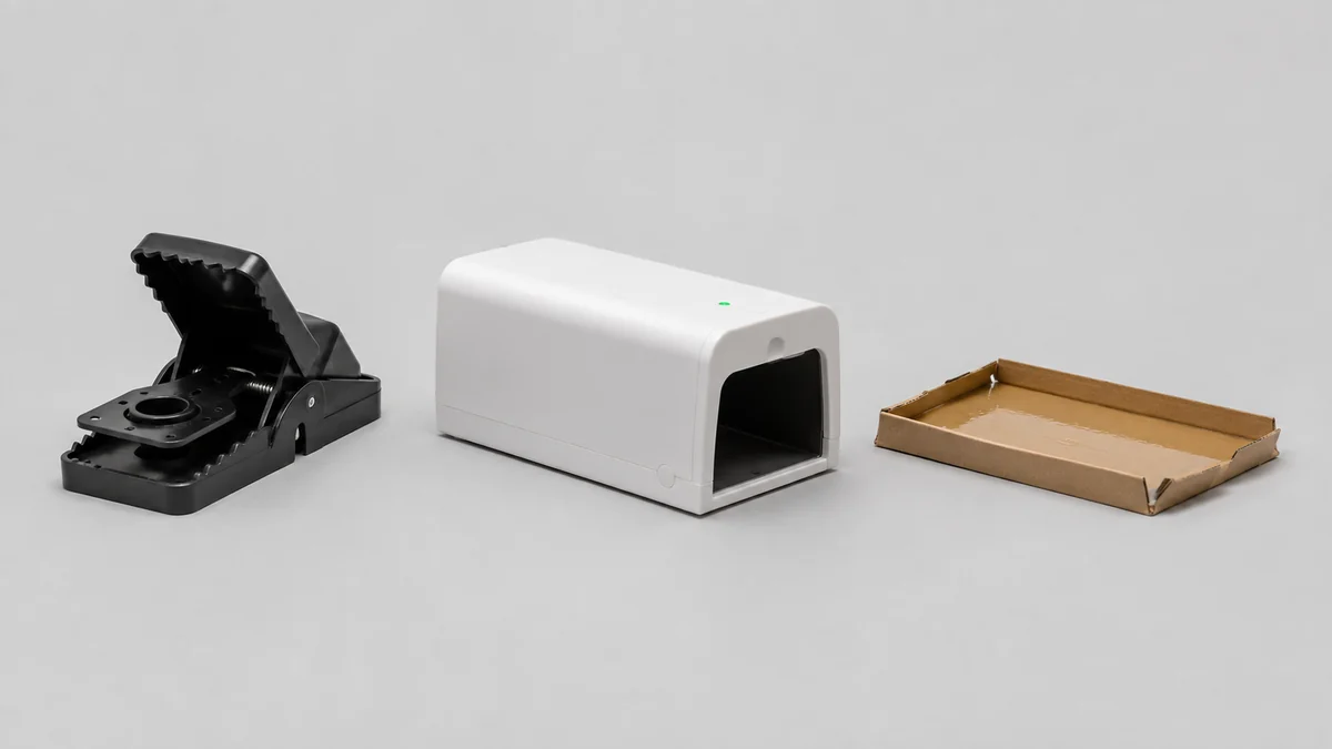 Best Mouse Trap 2026: 3 Product Comparison 1 A snap trap, an enclosed electronic trap and an adhesive tray side by side on a grey studio background