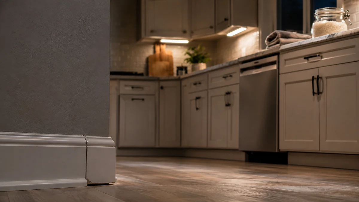 Mouse Trap Trend 2026: What US Buyers Need to Know 1 Warm under-cabinet lighting in a tidy kitchen at night, with a baseboard gap in the foreground