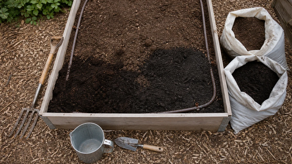 Topsoil, compost and drip line prepared for a beginner raised garden bed
