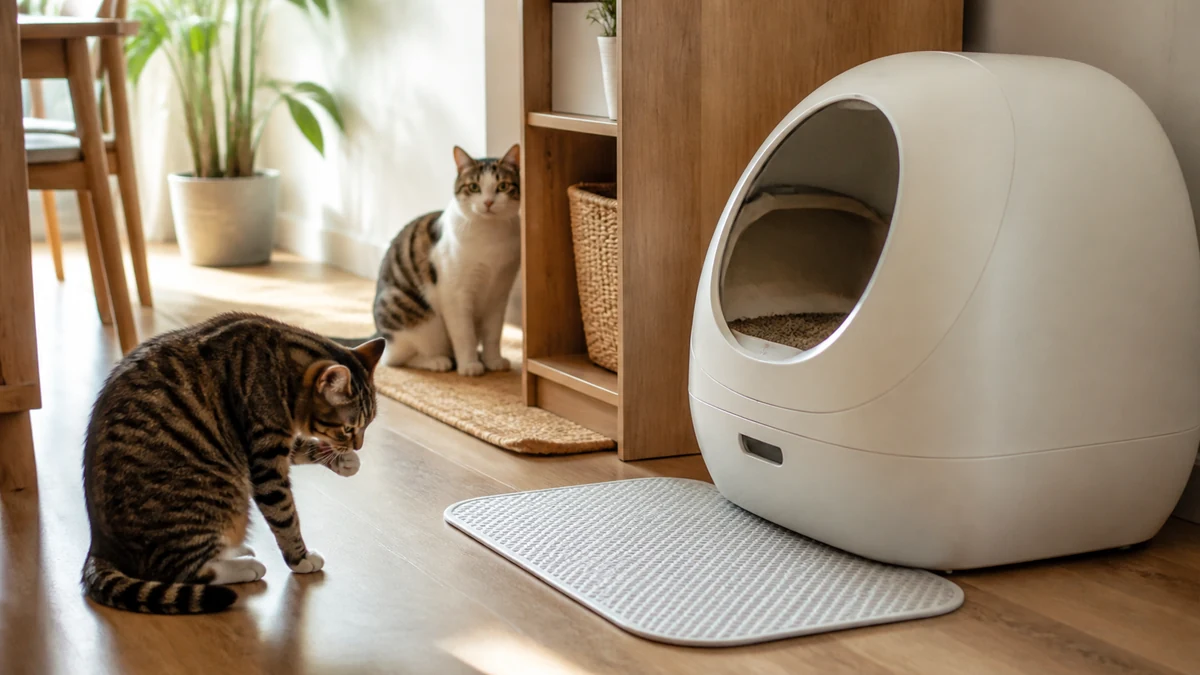 Real-world self-cleaning litter box setup in an outdoor living space