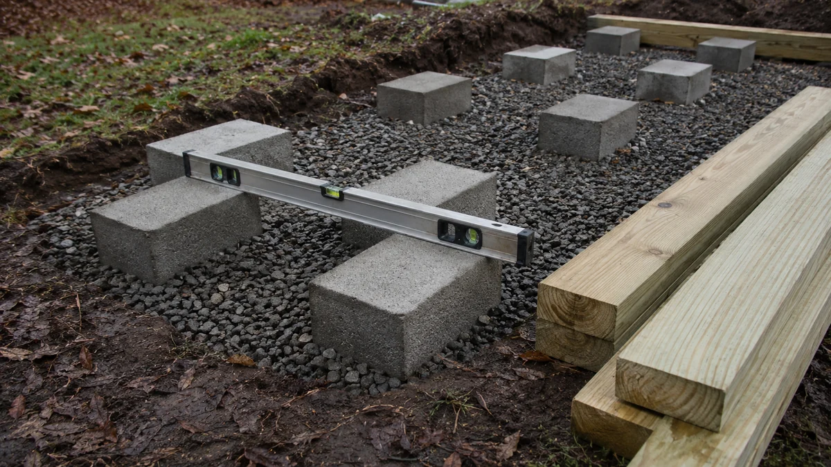 Concrete block shed foundation levelled on compacted gravel with a spirit level and pressure treated skids
