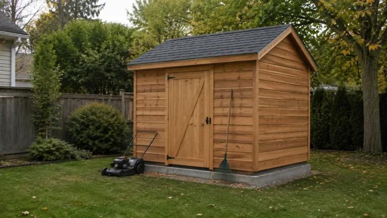 Newly built wooden garden shed on a level concrete block foundation in a suburban autumn yard