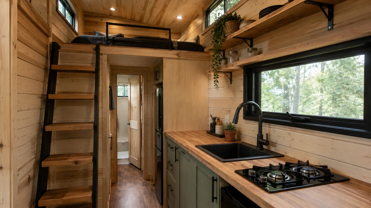 The interior of a finished tiny house showing a compact galley kitchen and a ladder stair to the sleeping loft