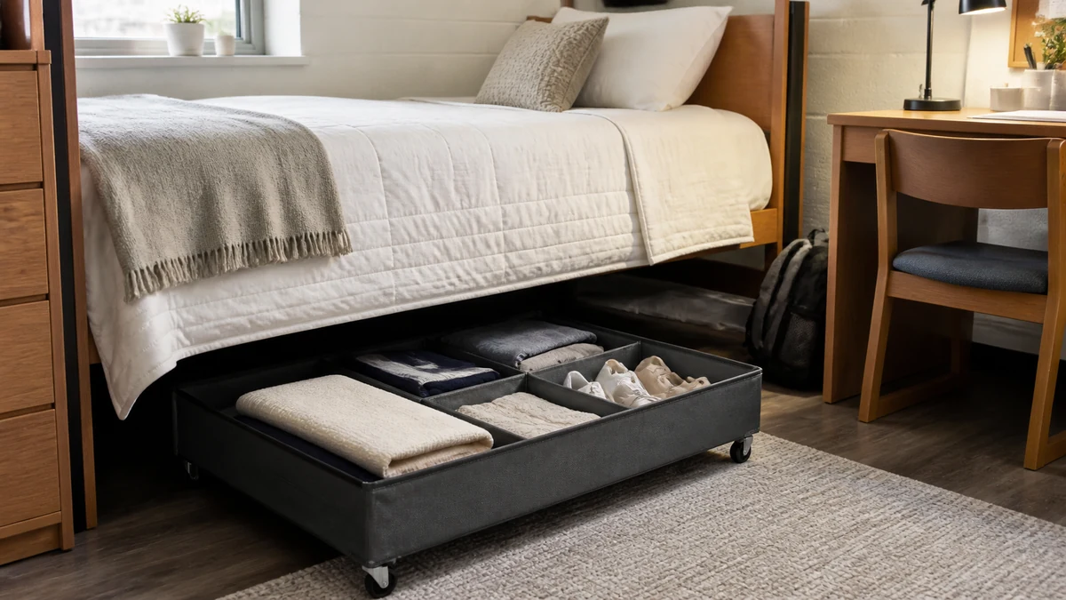 Real-world under bed storage for dorm room setup in an outdoor living space