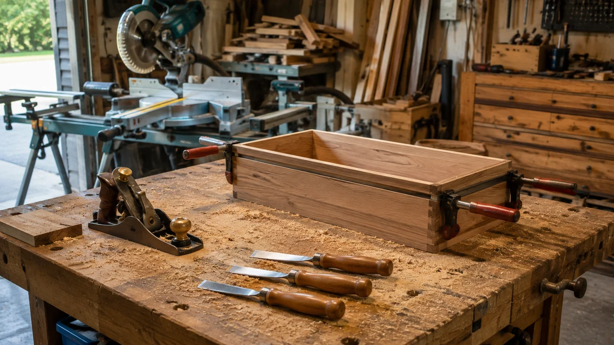 A partly assembled wooden drawer box held in two bar clamps on a workshop bench beside a hand plane and three chisels