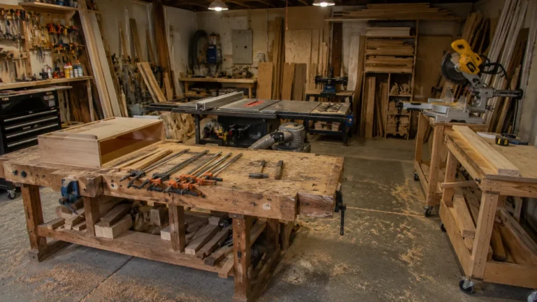 Home woodworking shop in a garage with a workbench, clamps, table saw and stacked timber offcuts