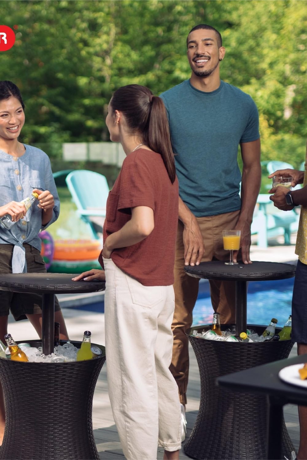 Keter Pacific Cool Bar Outdoor Patio Furniture and Hot Tub Side Table with 7.5 Gallon Beer and Wine Cooler, Espresso Brown side angle and details - Keter Pacific Cool Bar Outdoor Patio Furniture and Hot Tub Side Table with 7.5 Gallon Beer and Wine Cooler, Espresso Brown