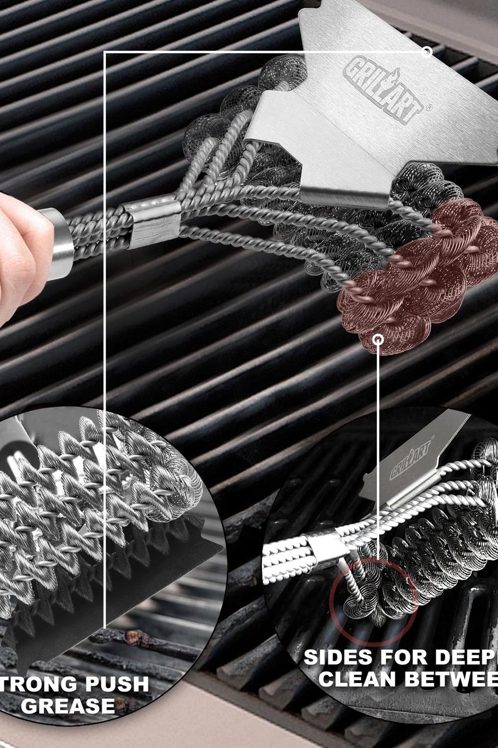 Grill Brush and Scraper Bristle Free - Safe BBQ Brush Grill - 18'' Stainless Grill Grate Cleaner - Safe Grill Accessories Porcelain/Weber Gas/Charcoal Grill - Gifts Grill Wizard side angle and details - Grill Brush and Scraper Bristle Free - Safe BBQ Brush Grill - 18'' Stainless Grill Grate Cleaner - Safe Grill Accessories Porcelain/Weber Gas/Charcoal Grill - Gifts Grill Wizard
