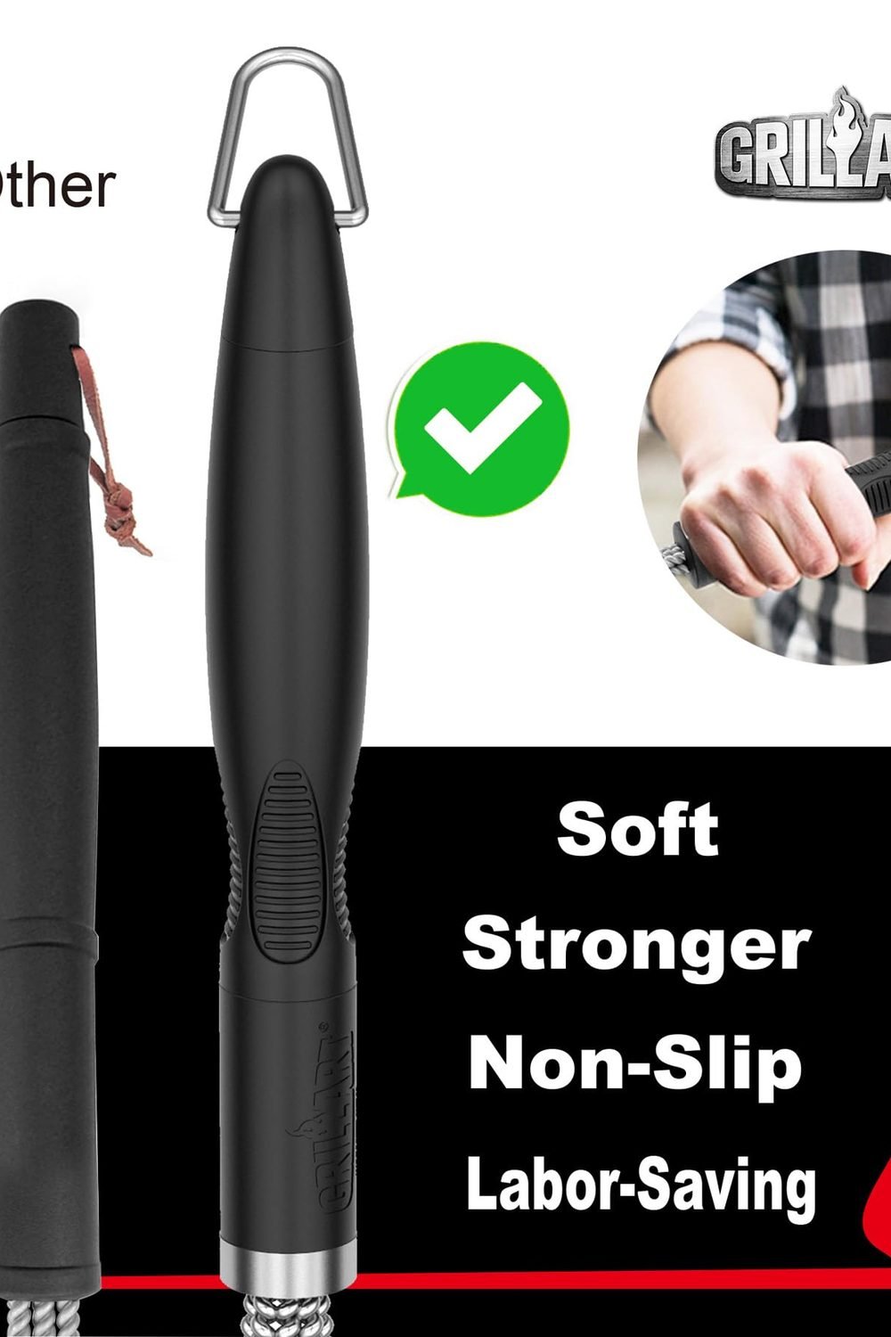 GRILLART Grill Brush, 18'' Extra-Strong Handle, BBQ Cleaner with Scraper side angle and details - GRILLART Grill Brush, 18'' Extra-Strong Handle, BBQ Cleaner with Scraper