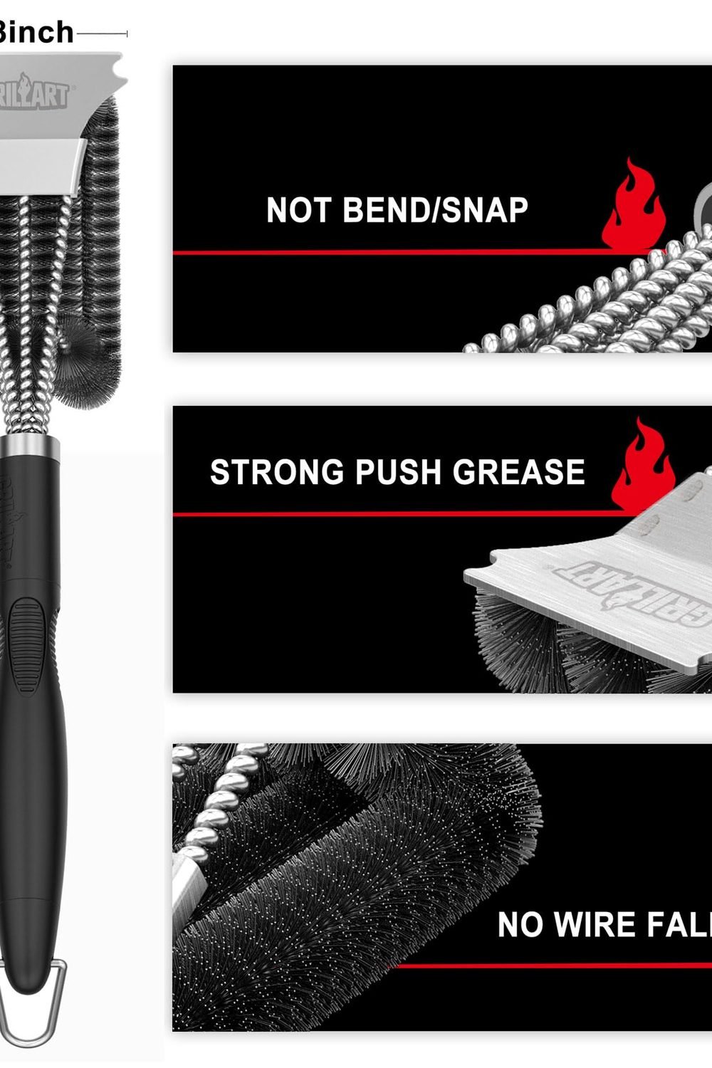 GRILLART Grill Brush, 18'' Extra-Strong Handle, BBQ Cleaner with Scraper accessories and refills - GRILLART Grill Brush, 18'' Extra-Strong Handle, BBQ Cleaner with Scraper