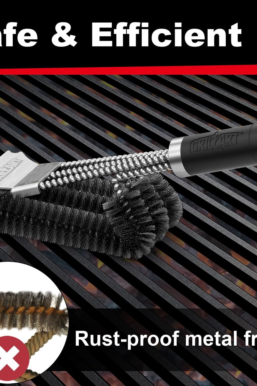 GRILLART Grill Brush, 18'' Extra-Strong Handle, BBQ Cleaner with Scraper in use at home - GRILLART Grill Brush, 18'' Extra-Strong Handle, BBQ Cleaner with Scraper