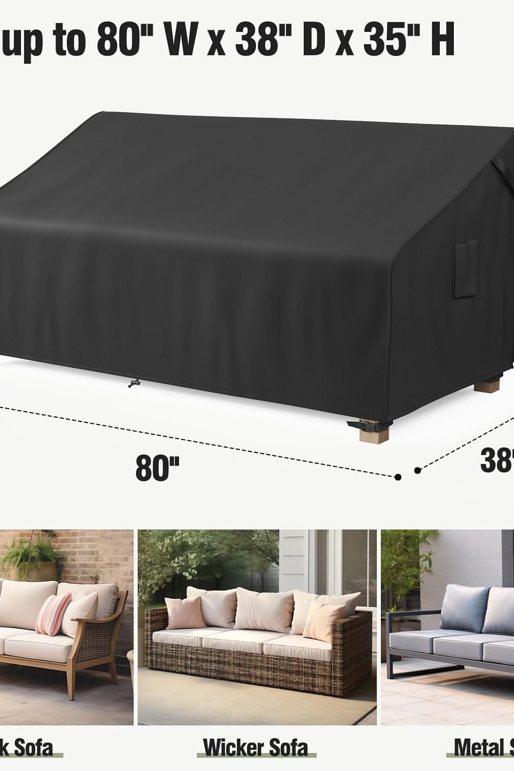 MR. COVER 3-Seater Outdoor Couch Cover Waterproof, 80 Inch Patio Furniture Cover Sofa, Heavy Duty Polyester & Double-Stitched Seams, Classic Black side angle and details - MR. COVER 3-Seater Outdoor Couch Cover Waterproof, 80 Inch Patio Furniture Cover Sofa, Heavy Duty Polyester & Double-Stitched Seams, Classic Black