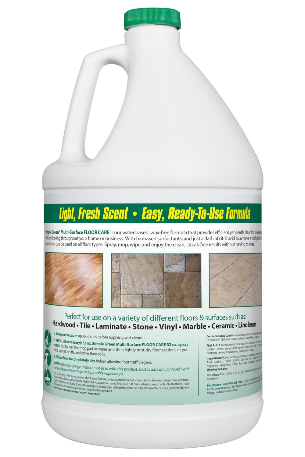 Simple Green Multi-Surface Floor Care - Cleans Hardwood, Vinyl, Laminate, Tile, Concrete and Other Wood - pH Neutral Floor Cleaner 1Gal side angle and details - Simple Green Multi-Surface Floor Care - Cleans Hardwood, Vinyl, Laminate, Tile, Concrete and Other Wood - pH Neutral Floor Cleaner 1Gal