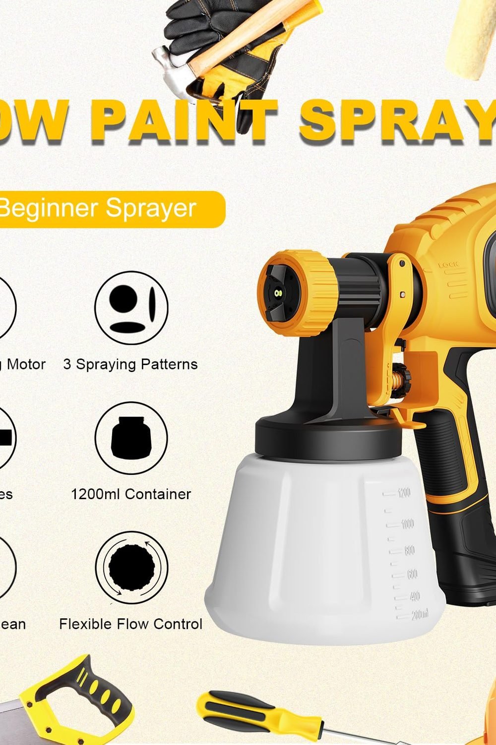 VONFORN Paint Sprayer, 700W Spray Paint Gun with 4 Nozzles & 3 Patterns side angle and details - VONFORN Paint Sprayer, 700W Spray Paint Gun with 4 Nozzles & 3 Patterns