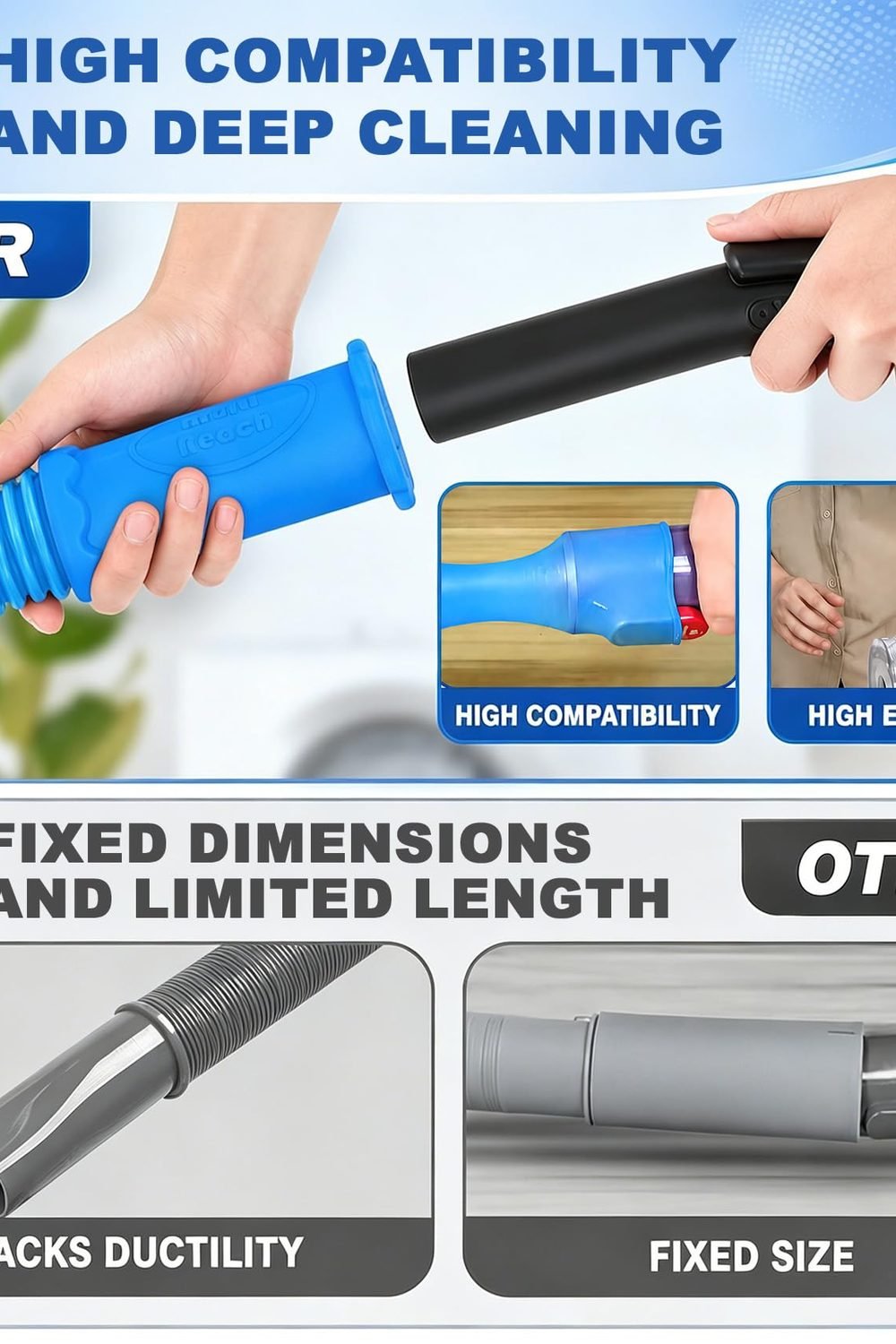 PetOde 2Pcs Dryer Vent Cleaner Kit Universal Vacuum Hose Attachment & Brush side angle and details - PetOde 2Pcs Dryer Vent Cleaner Kit Universal Vacuum Hose Attachment & Brush