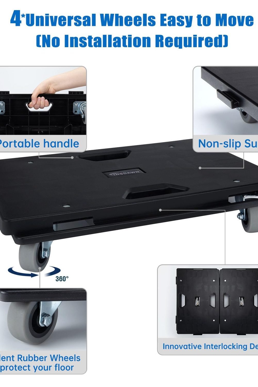 4 Pack Furniture Dolly Upgraded Dollies Connectable with 4 Wheels Small Flat Dolly Cart with 500 LBS Capacity Heavy Appliance, Black side angle and details - 4 Pack Furniture Dolly Upgraded Dollies Connectable with 4 Wheels Small Flat Dolly Cart with 500 LBS Capacity Heavy Appliance, Black