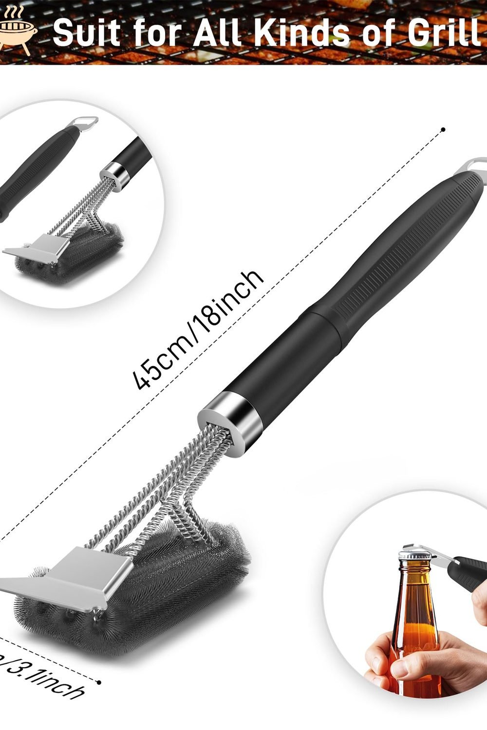 Grill Brush and Scraper-18 Adjustable Handle Safe BBQ Grill Brush Outdoor Grill-Deep BBQ Clearning Brush wih Bottle Operner Extra Strong Grill Cleaner Accessories Gas/Charcoal Grilling Grates side angle and details - Grill Brush and Scraper-18 Adjustable Handle Safe BBQ Grill Brush Outdoor Grill-Deep BBQ Clearning Brush wih Bottle Operner Extra Strong Grill Cleaner Accessories Gas/Charcoal Grilling Grates