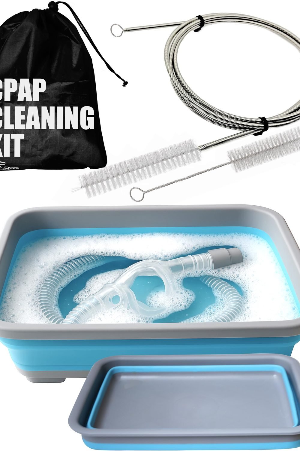 CPAP Cleaning Kit for Hose and Mask, CPAP Hose Cleaning Brush, Collapsible Wash Basin, Storage Bag, Compatible with Standard and Slimline CPAP Tubing (Basin + Brush Kit) product image