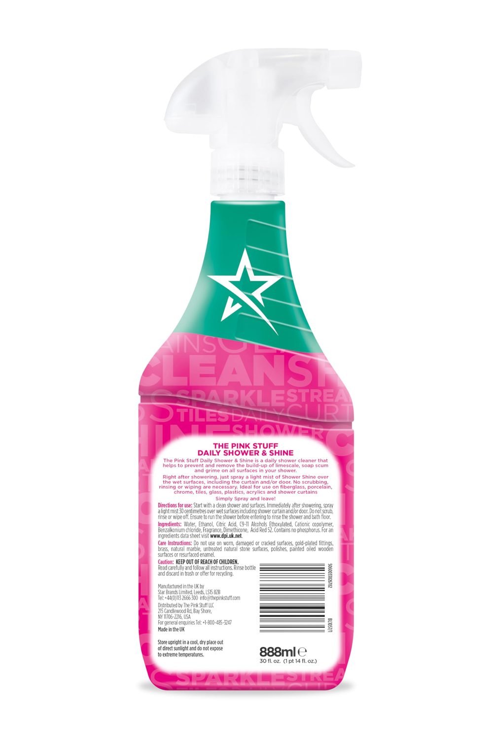 Stardrops The Pink Stuff Daily Shower & Shine Cleaning Spray, 30 FL Oz side angle and details - Stardrops The Pink Stuff Daily Shower & Shine Cleaning Spray, 30 FL Oz