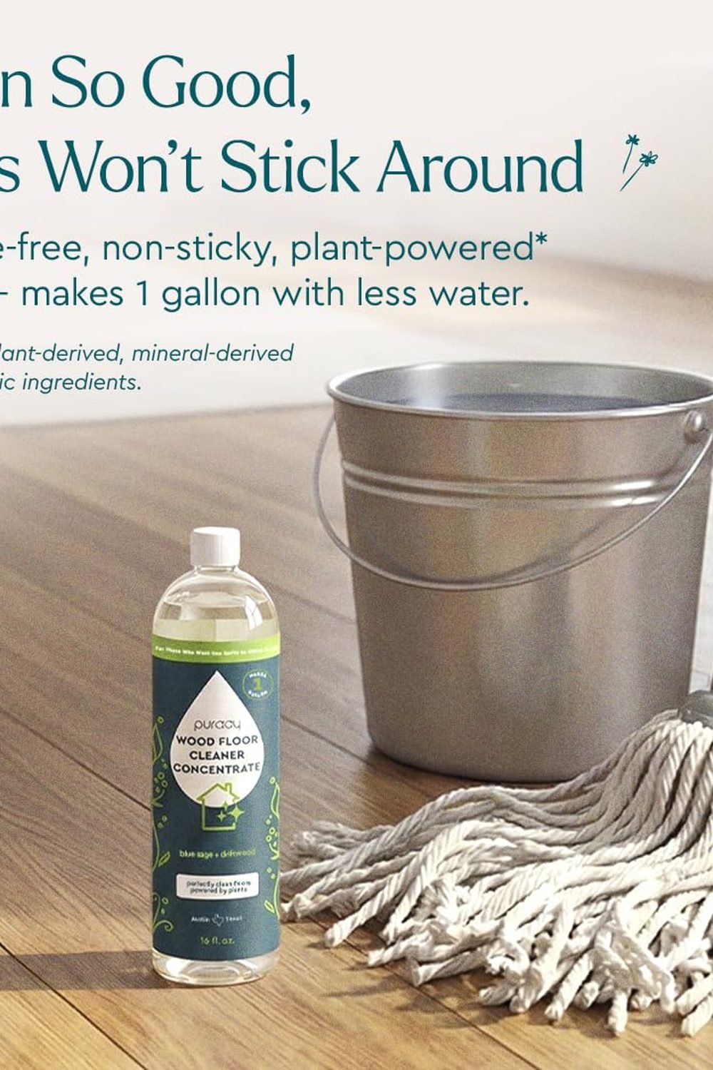 Puracy Wood Floor Cleaner Concentrate - pH Neutral Plant-Powered Hardwood All Purpose Cleaner - Residue-Free Non-Sticky Cleaning Solution As Seen on TikTok (Blue Sage & Driftwood, 16 fl oz) side angle and details - Puracy Wood Floor Cleaner Concentrate - pH Neutral Plant-Powered Hardwood All Purpose Cleaner - Residue-Free Non-Sticky Cleaning Solution As Seen on TikTok (Blue Sage & Driftwood, 16 fl oz)