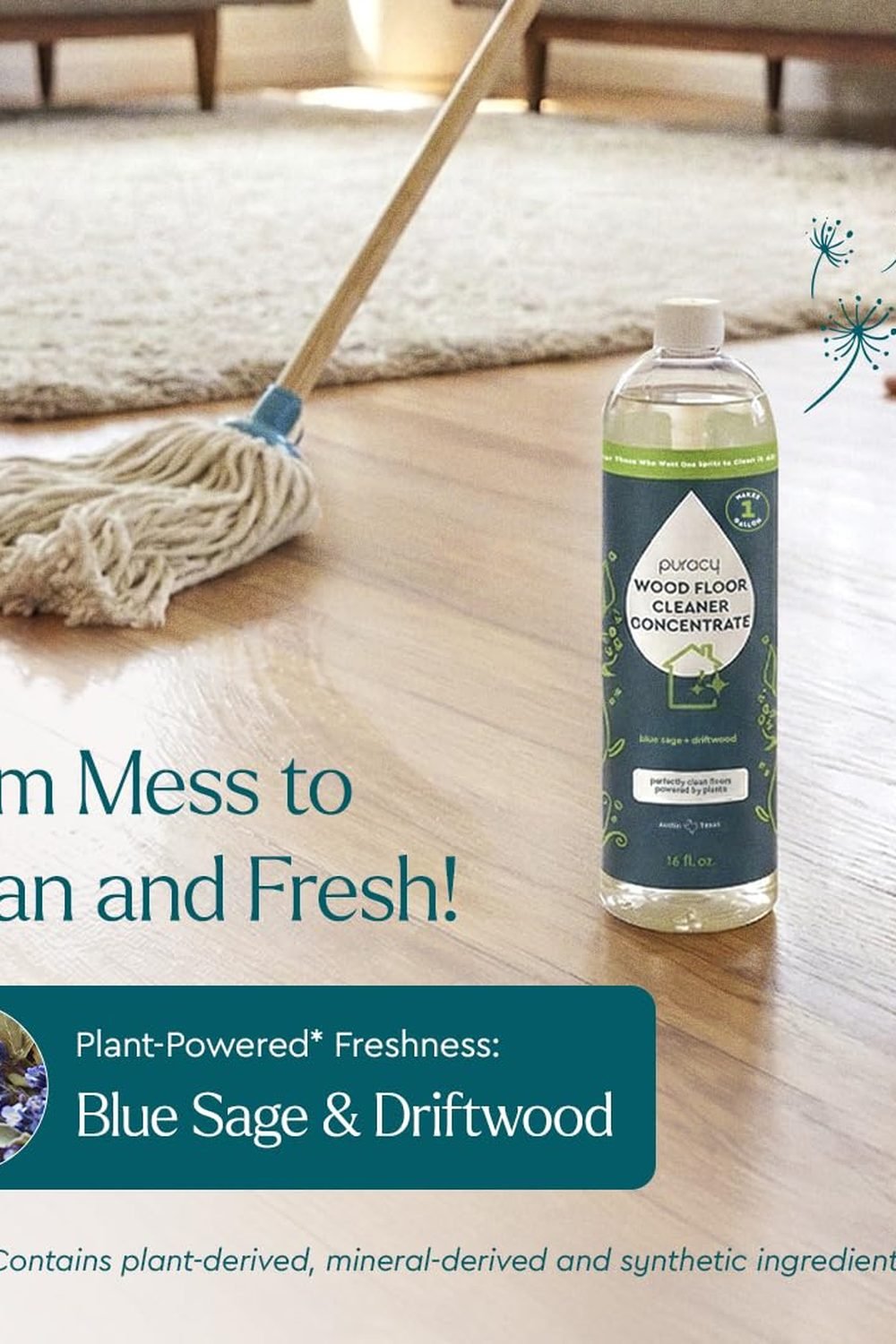 Puracy Wood Floor Cleaner Concentrate - pH Neutral Plant-Powered Hardwood All Purpose Cleaner - Residue-Free Non-Sticky Cleaning Solution As Seen on TikTok (Blue Sage & Driftwood, 16 fl oz) packaging and contents - Puracy Wood Floor Cleaner Concentrate - pH Neutral Plant-Powered Hardwood All Purpose Cleaner - Residue-Free Non-Sticky Cleaning Solution As Seen on TikTok (Blue Sage & Driftwood, 16 fl oz)
