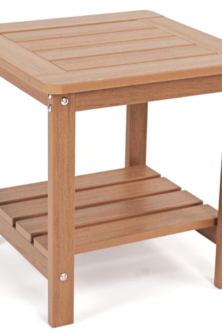 Outdoor Side Table, 2-Tier HDPE Small Patio Table, Teak main product view - Outdoor Side Table, 2-Tier HDPE Small Patio Table, Teak