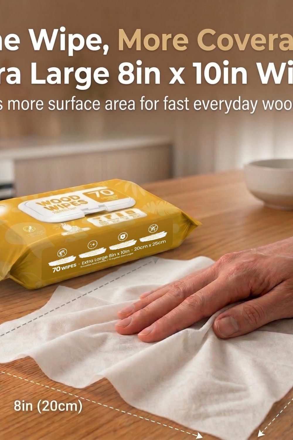 Air Jungles Wood Furniture Cleaner Wipes, XL 8x10 Inch, 70 Count side angle and details - Air Jungles Wood Furniture Cleaner Wipes, XL 8x10 Inch, 70 Count