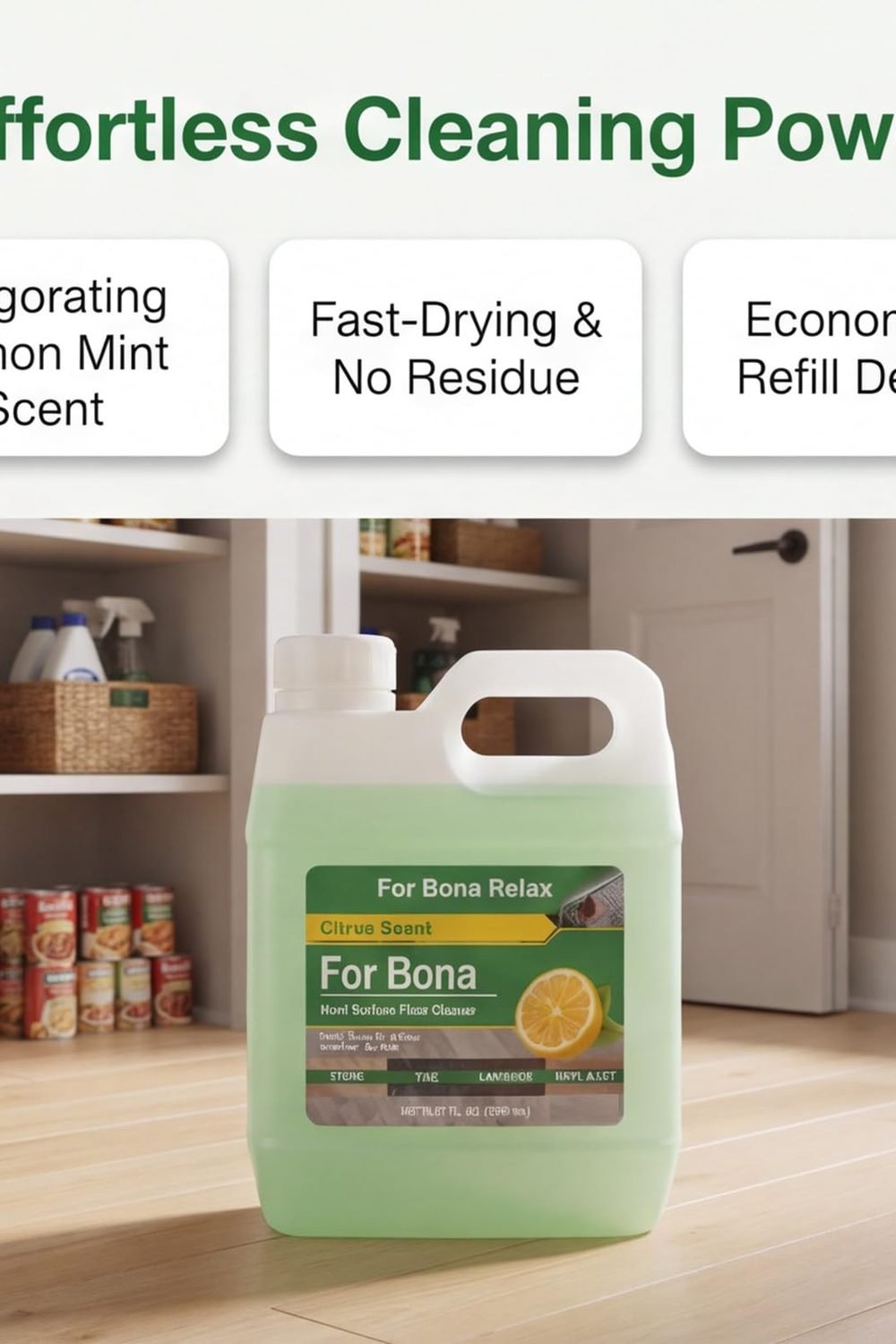 Multi-Surface Floor Cleaner Refill - 33.8 fl oz - Lemon Mint Scent - Residue-Free Cleaning Solution BONA Spray Mops and Refillable Bottles - Stone, Tile, Laminate, and Vinyl Floors side angle and details - Multi-Surface Floor Cleaner Refill - 33.8 fl oz - Lemon Mint Scent - Residue-Free Cleaning Solution BONA Spray Mops and Refillable Bottles - Stone, Tile, Laminate, and Vinyl Floors